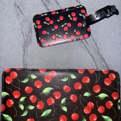 1- Car Registration and Insurance Holder, PU Leather Glove Box Car Organizer with Magnetic Closure   & Cute Cherry Pattern Luggage Tags 