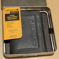 Carhartt Trifold Men’s Wallet Triple Stitched Leather With Tin WW0213 Black 