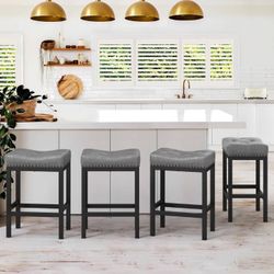  24 in. Dark Grey Counter Height Saddle Bar Stool Faux Leather Cushion Backless Bar Stool with Metal Legs (Set of 4)
