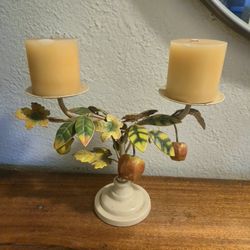 Vintage Mid-century Tole Metal Leaves & Fruit Candelabra with 2 Wax Candles