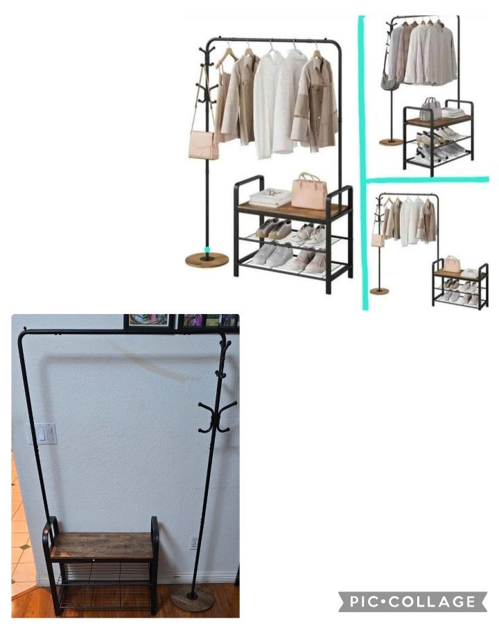 NEW 3-in-1 Coat Rack Shoe Bench, Hall Tree Entryway Bench with Storage, Multifunctional Organizer