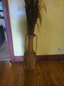 Large Vintage Wicker Rattan Vase 70's 