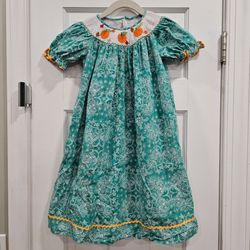 Mom & Me Girls Teal Paisley Smocked Pumpkin Fall Dress Size 4 Thanksgiving