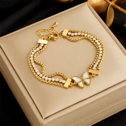 Retro Gold Multi layered Water Diamond Chain Butterfly Bracelet
