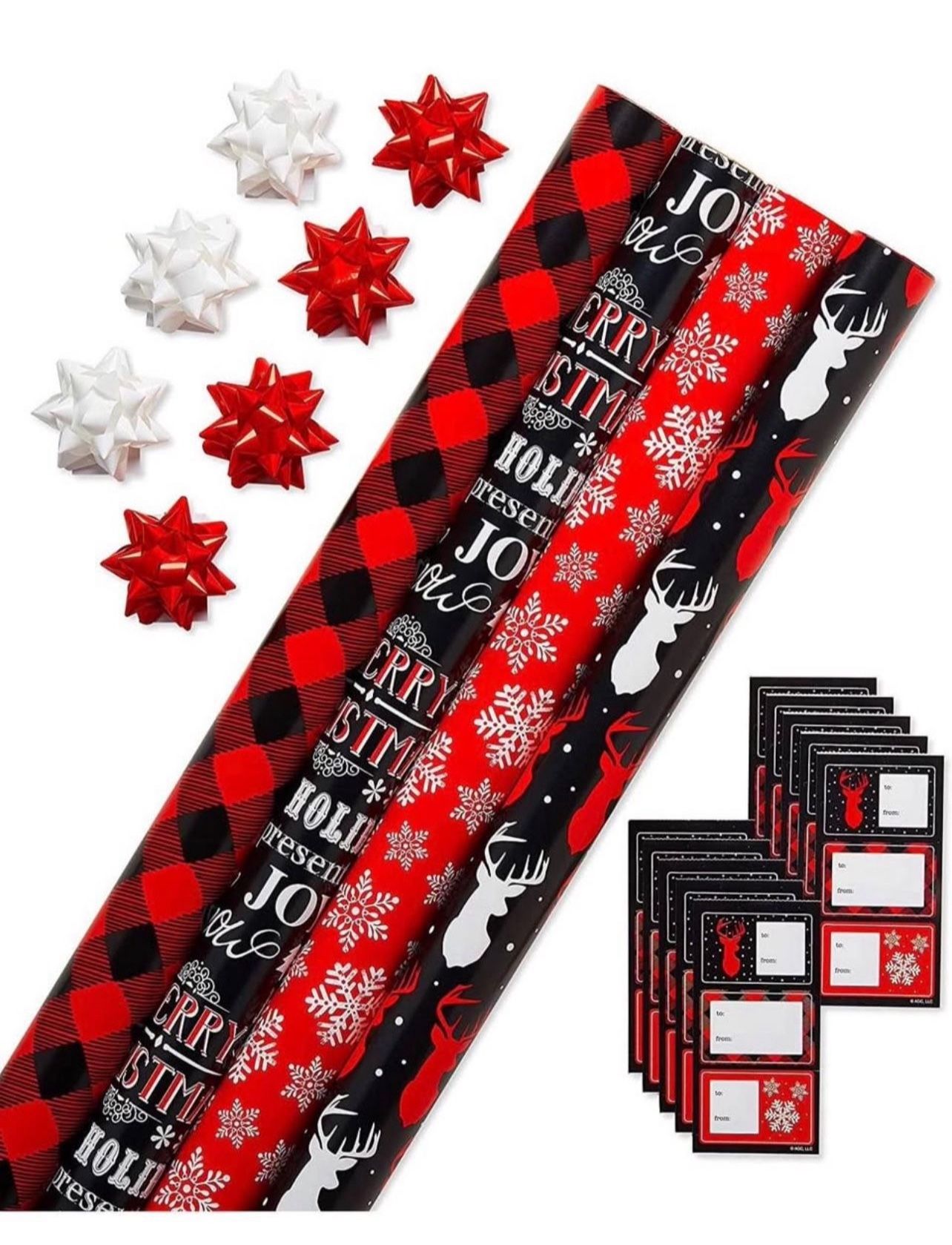 Brandnew Christmas Wrapping Paper Set with Cut Lines, (4 Rolls, 7 Bows, 30 Gift Tags, 120 sq. ft.) 