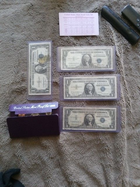 4 Old Blue Seal Dollar Bills Two from 1935d,1935e,1957b,1957b And the United States Mint Proof Set 1990