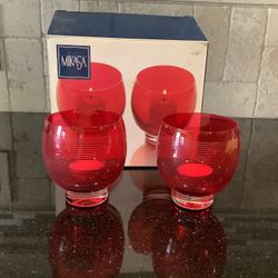 MIKASA RUBY RED VOTIVE CANDLE HOLDERS CRYSTAL GLASS SET OF 2