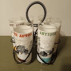 Vintage Anchor Hocking "Antique Autos" Glasses / Set of 6 w/Holder