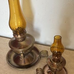 Set If 2 Amber Glass And Copper Finger Swivel Oil Lamps 
