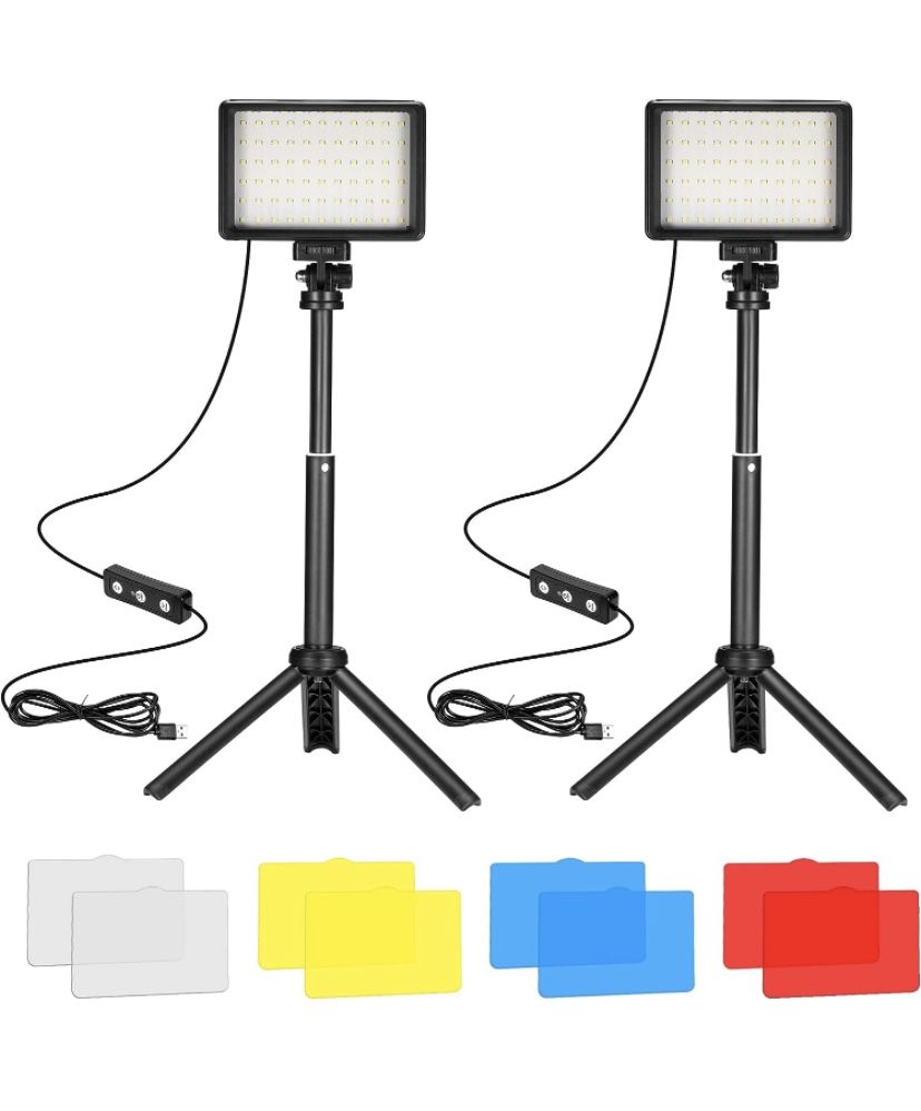LED Video Light 2-Pack, 5600K Dimmable USB Photo Lights with Mini Tripod and Colored Filters