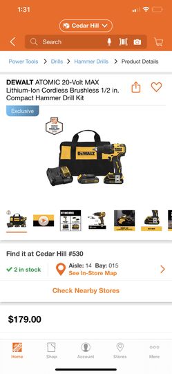 DeWalt ATOMIC 20-Volt MAX Lithium-Ion Cordless Brushless 1/2 in. Compact Hammer Drill Kit retail $179 asking $110