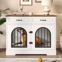 Z269-ModernLuxe Assembly Required 43.3inch Dog Crate Furniture Heavy Duty Indoor Dog Kennel with 2 Storage Drawers Dog Cage with Side Doors for Medium