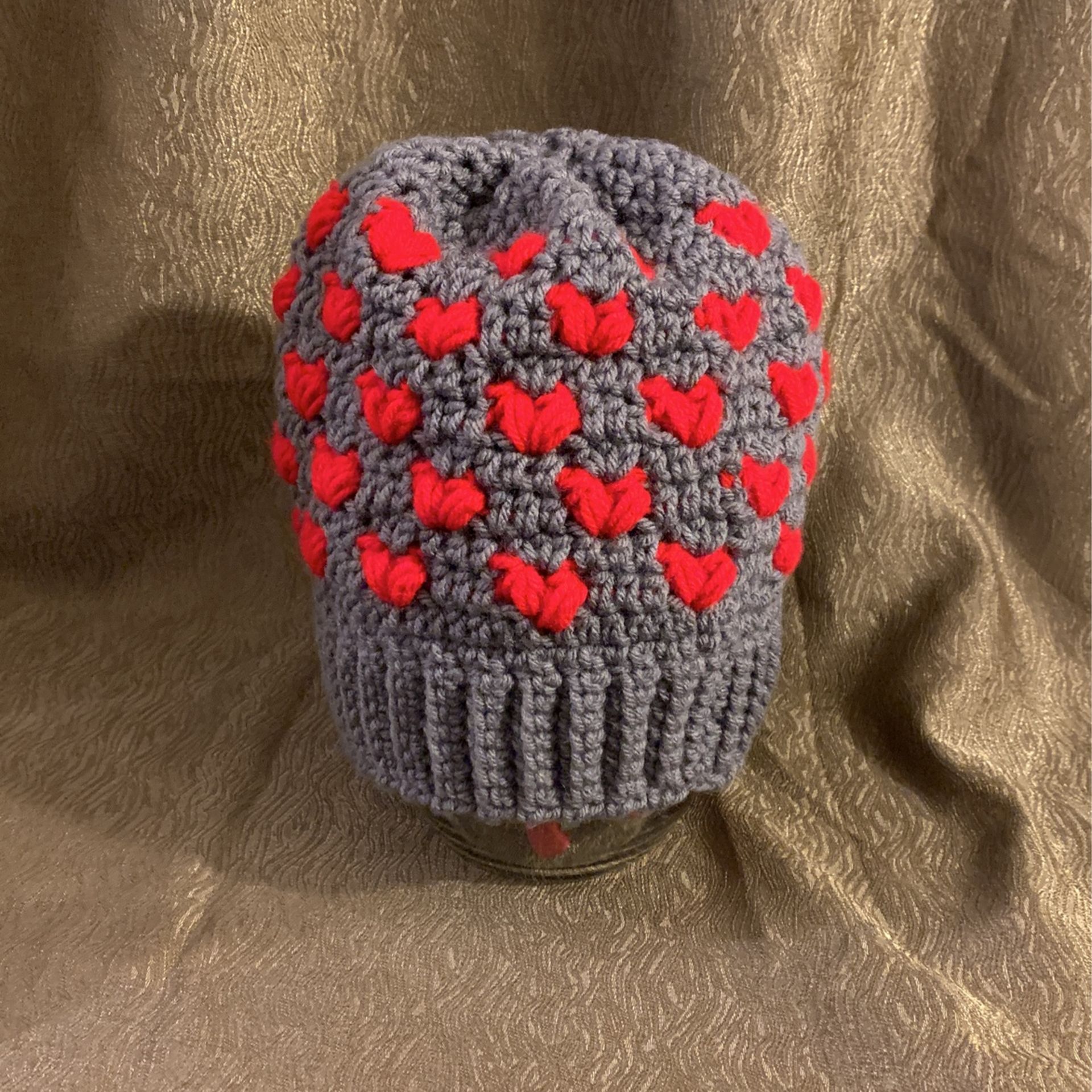 Hand-Crocheted Red Hearts Cloche Style Beanie