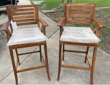 New, Price Firm, Set of 2, Best Choice Products Bar Stools Bar Chairs w/ Weather-Resistant Cushions - Teak Finish