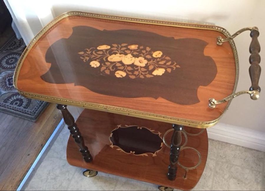 Vintage 1950's Italian Hollywood Regency Wood Inlay Marquetry Trolley/Bar Cart & Tray