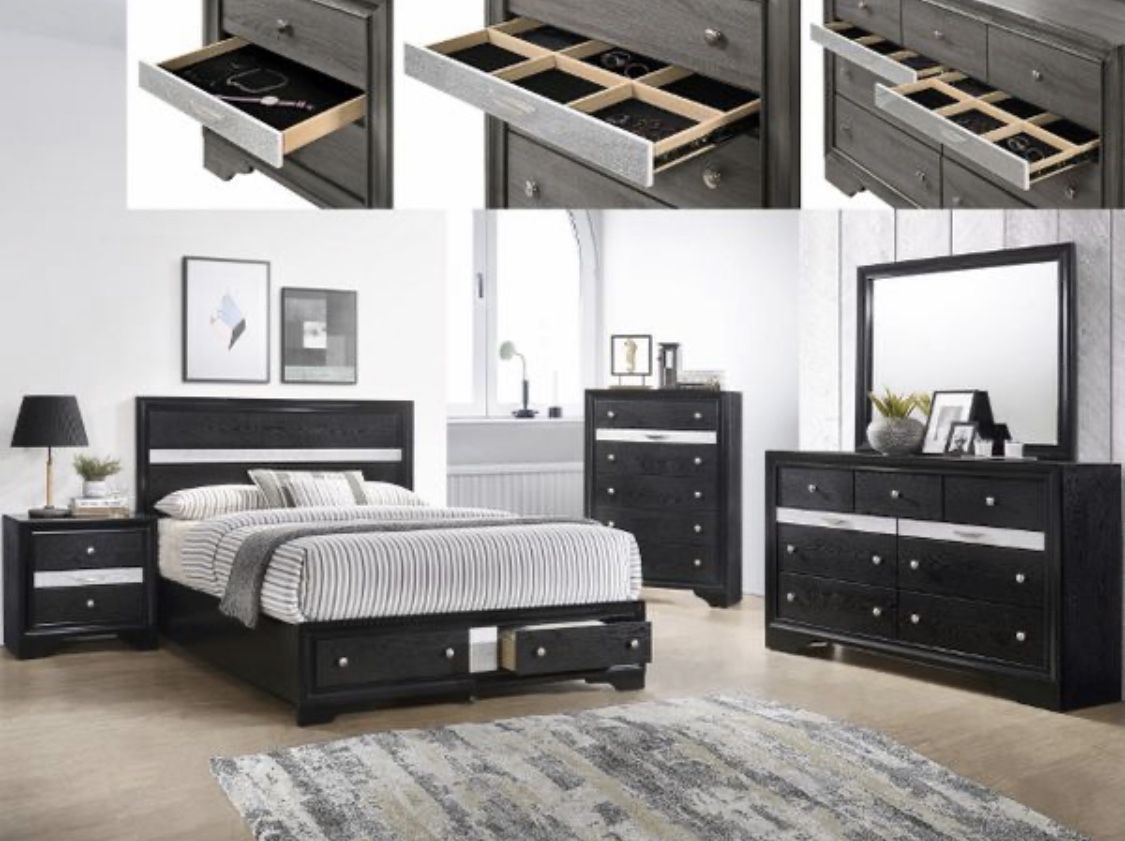Black or grey Queen bed, dresser, mirror and 1 night stand