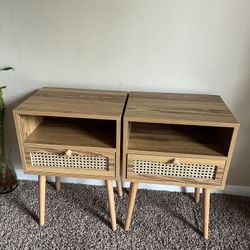 Rattan Nightstand Set of 2 Bedside Tables, Modern Wood Side Table Small End Table