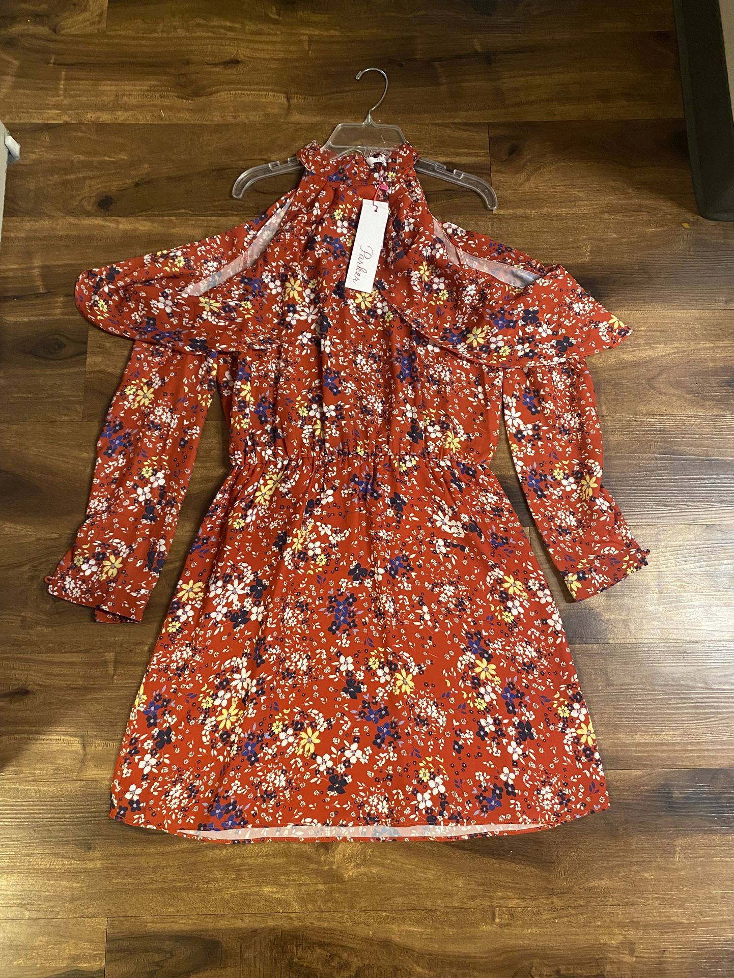 Brand new woman’s Parker brand red cold shoulder floral mini dress up for sale