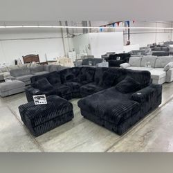 Large Black Corduroy Modular Sectional Sofa with Ottoman