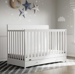 Graco Asheville 5-in-1 Convertible Crib with Drawer (White) – GREENGUARD Gold Certified, Crib with Drawer Combo, Full-Size Nursery Storage Drawer, Con