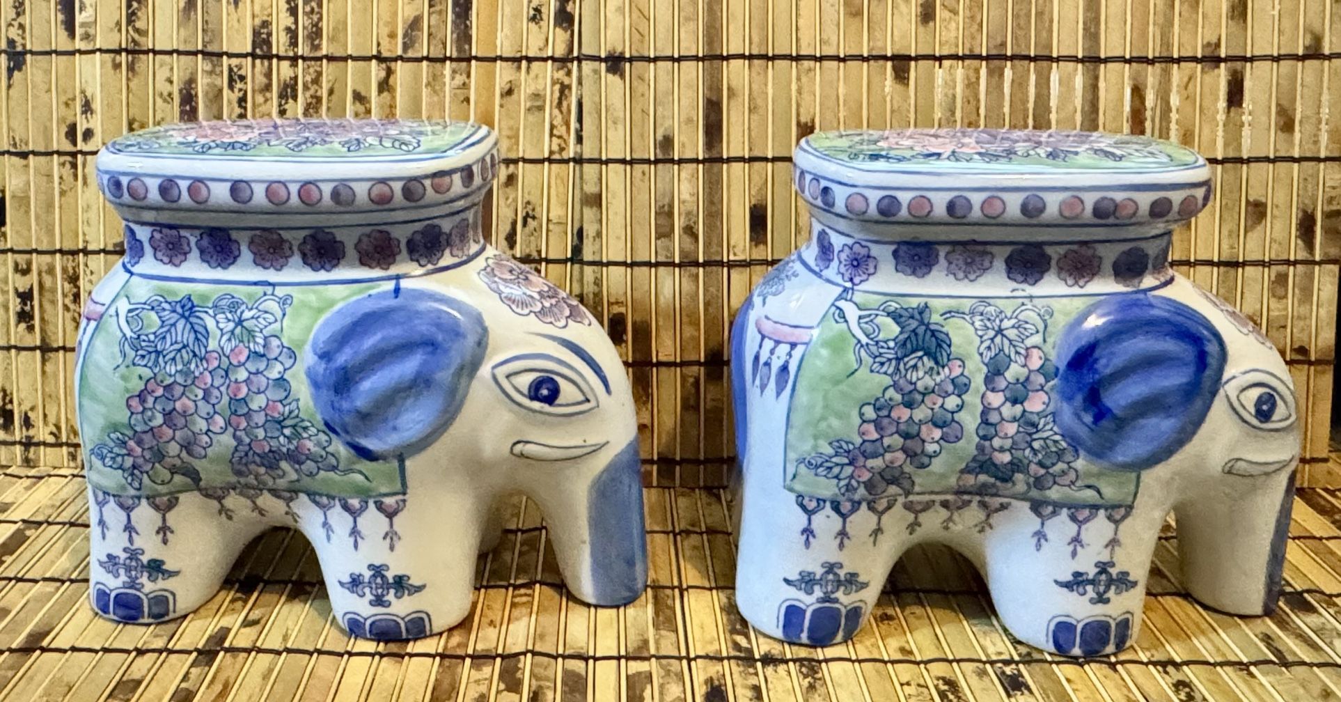 Pair of Hand-Painted Ceramic Elephant Stools – Floral Garden Décor