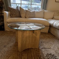 Travertine and glass coffee table