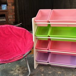 Kids Pink Chair and Storage Shelves