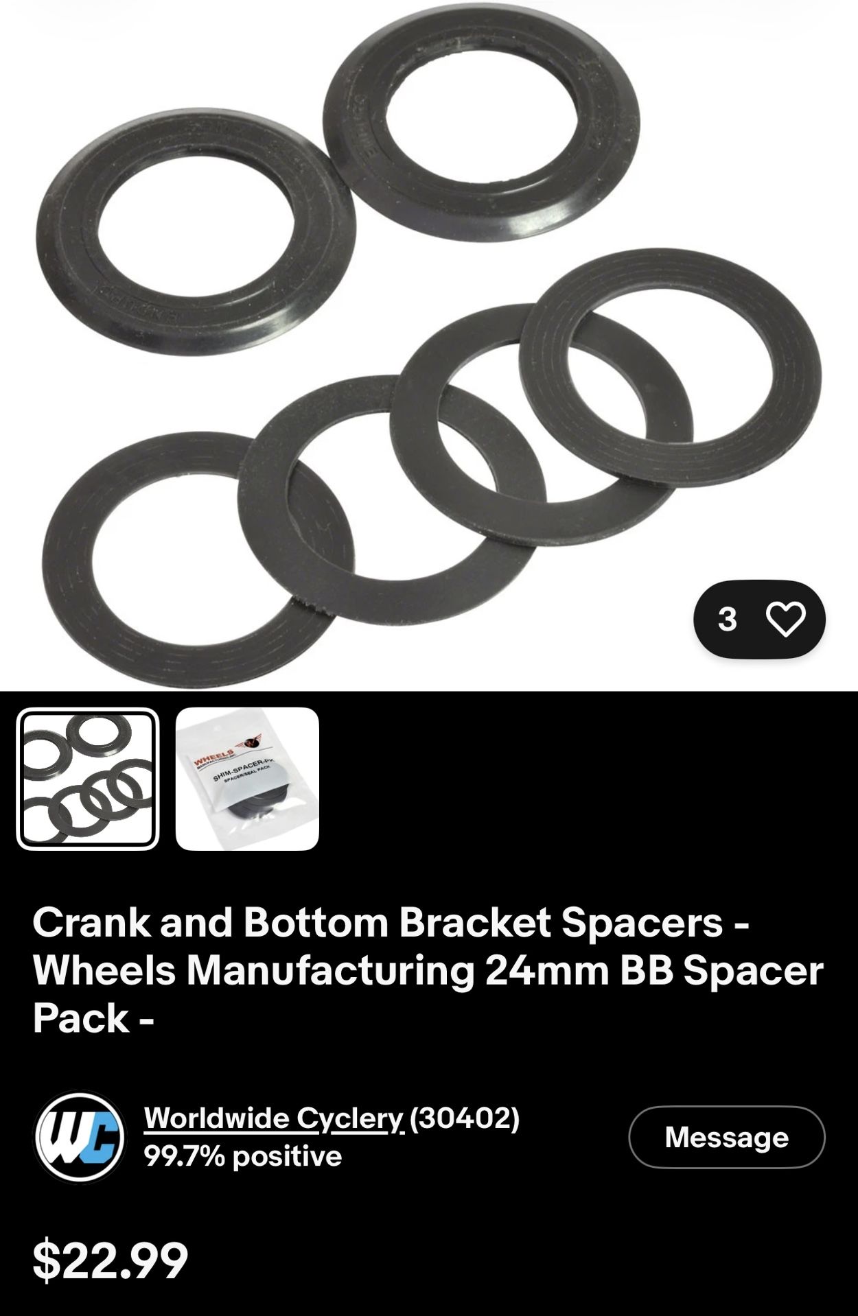Crank and Bottom Bracket Spacers - Wheels Manufacturing 24mm BB Spacer Pack -