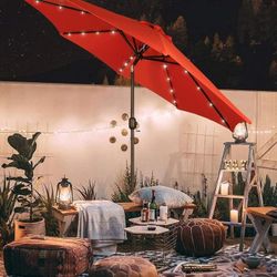  9 ft Solar Umbrella, 32 LED Lighted Patio Umbrella, Table Market Umbrella for Garden, Deck, Backyard,Pool & Beach,Orange-BASE Not Included 