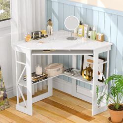 White , with USB Corner Desk, 29.5 in. W Triangle White Computer Desk, Wooden Desk, Sturdy Steel Frame Computer Desk with Keyboard Tray, NEW