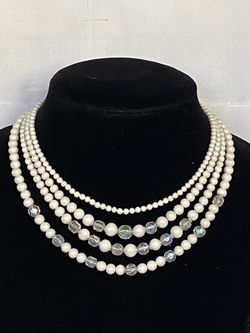 Vintage Four Strand Pearls With AB Crystal Faceted Beads 