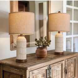 OYEARS 22.5" Table Lamp for Living Room,Retro Farmhouse Lamps for Nightstands Boho Bedroom Lamps Set of 2,with USB A+C Charging Ports,Beige and Brown