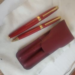 Caran D'ache Leman Marble Red 18k Fountain Pen And Bp Set With Pouch