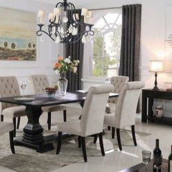 Brand New Rustic Antique Black  Elegant 7pc Dining Table Set 