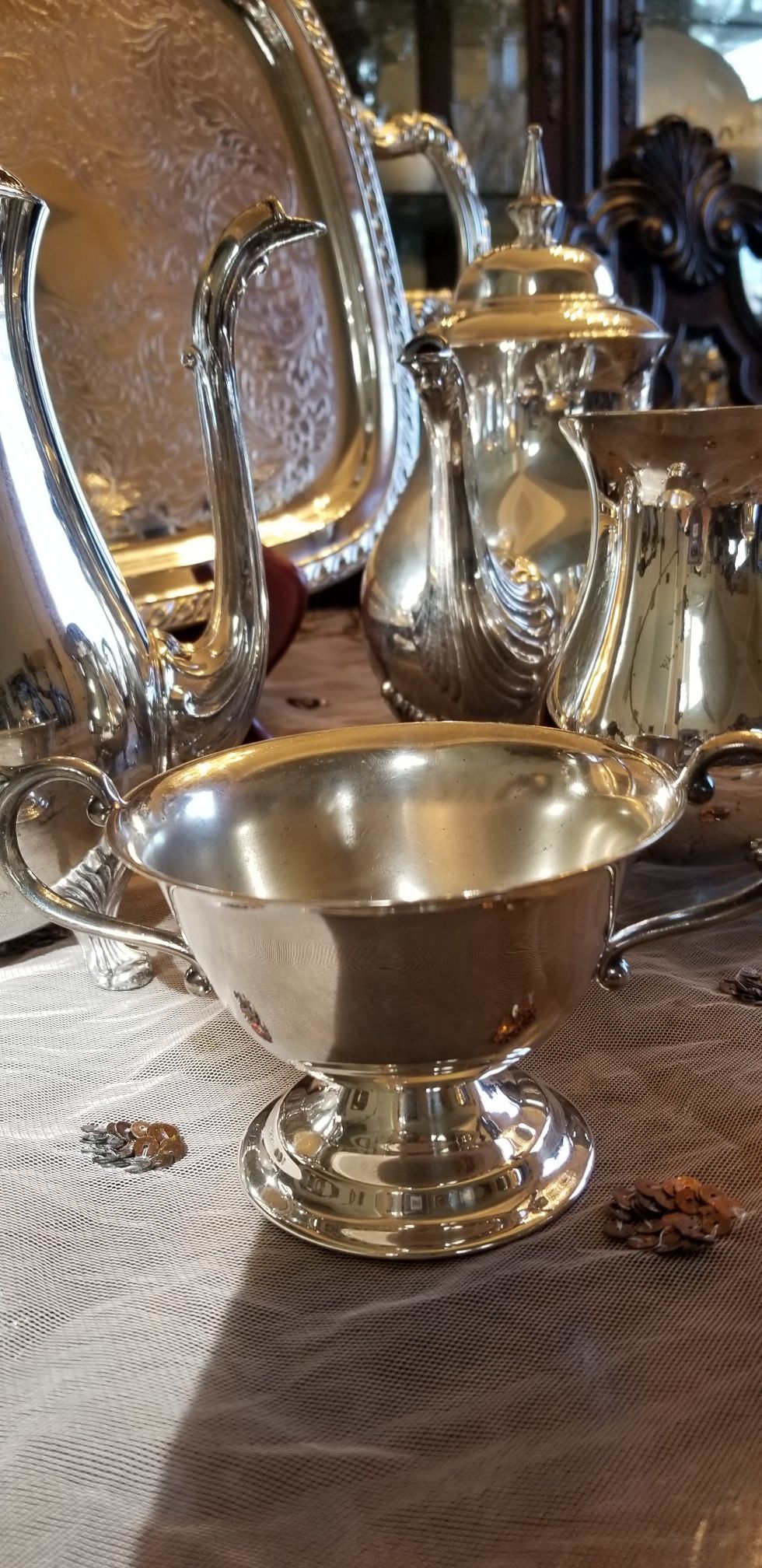 Silverplated tea and coffee set with edge decorated tray