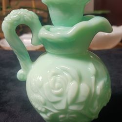 Vintage 1970's Avon blue-green Milk glass Pitcher perfume/bath bottle