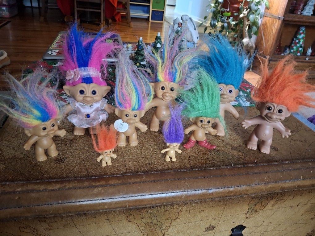 Nine Assorted Size Troll Dolls