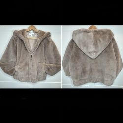 The Drop, Women’s Sloane Faux Fur, Bomber Jacket, Hooded, Zip Front, Color: Goldust, Size L
