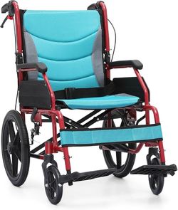 MONICARE Folding Transport Wheelchair, 17.5 inch Seat for Adult, Blue with Removable Cushion and Loop-Lock Handbrakes User-Friendly Lightweight Foldab