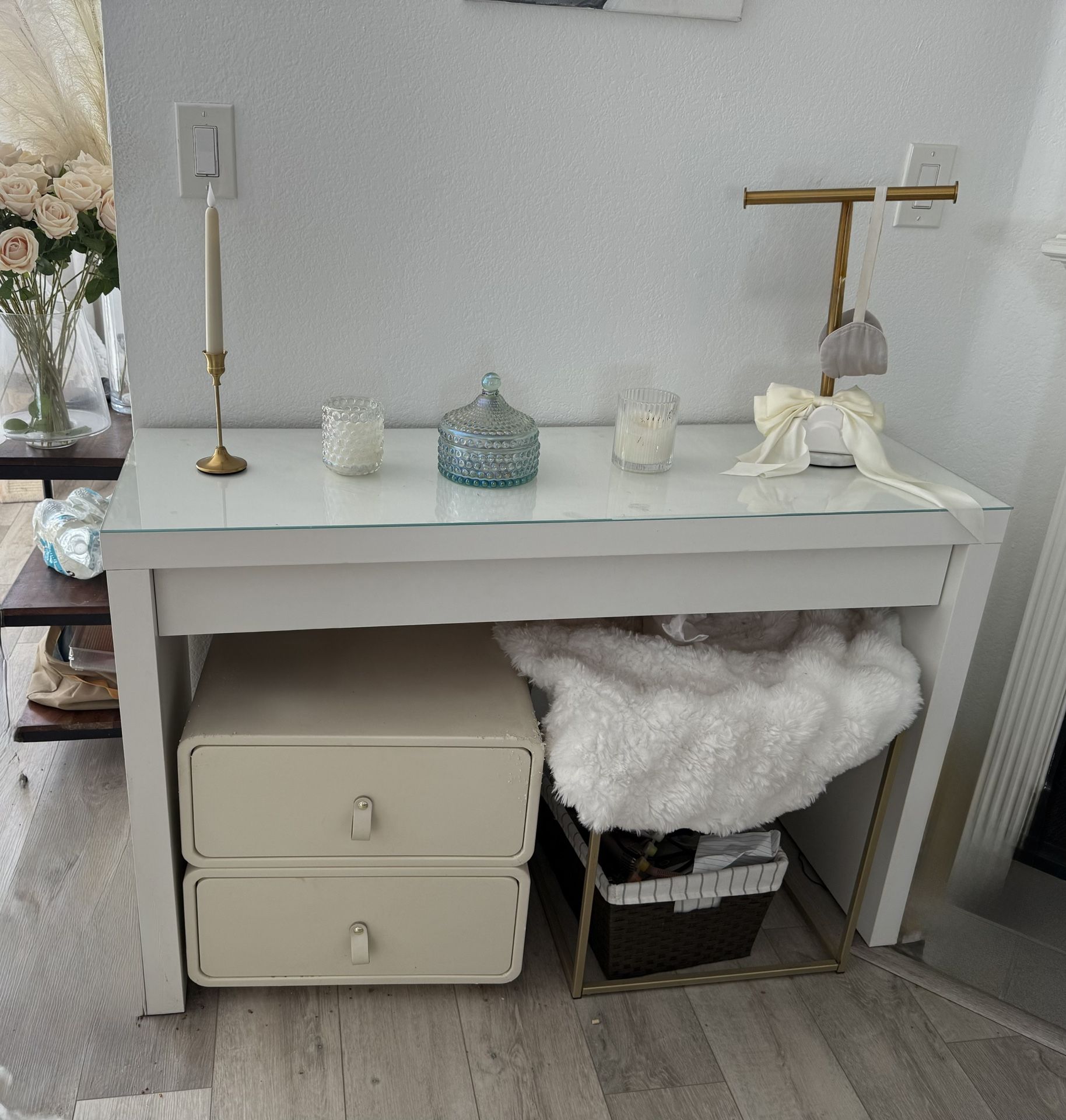 Slim White IKEA Console / Makeup Table with Glass Top