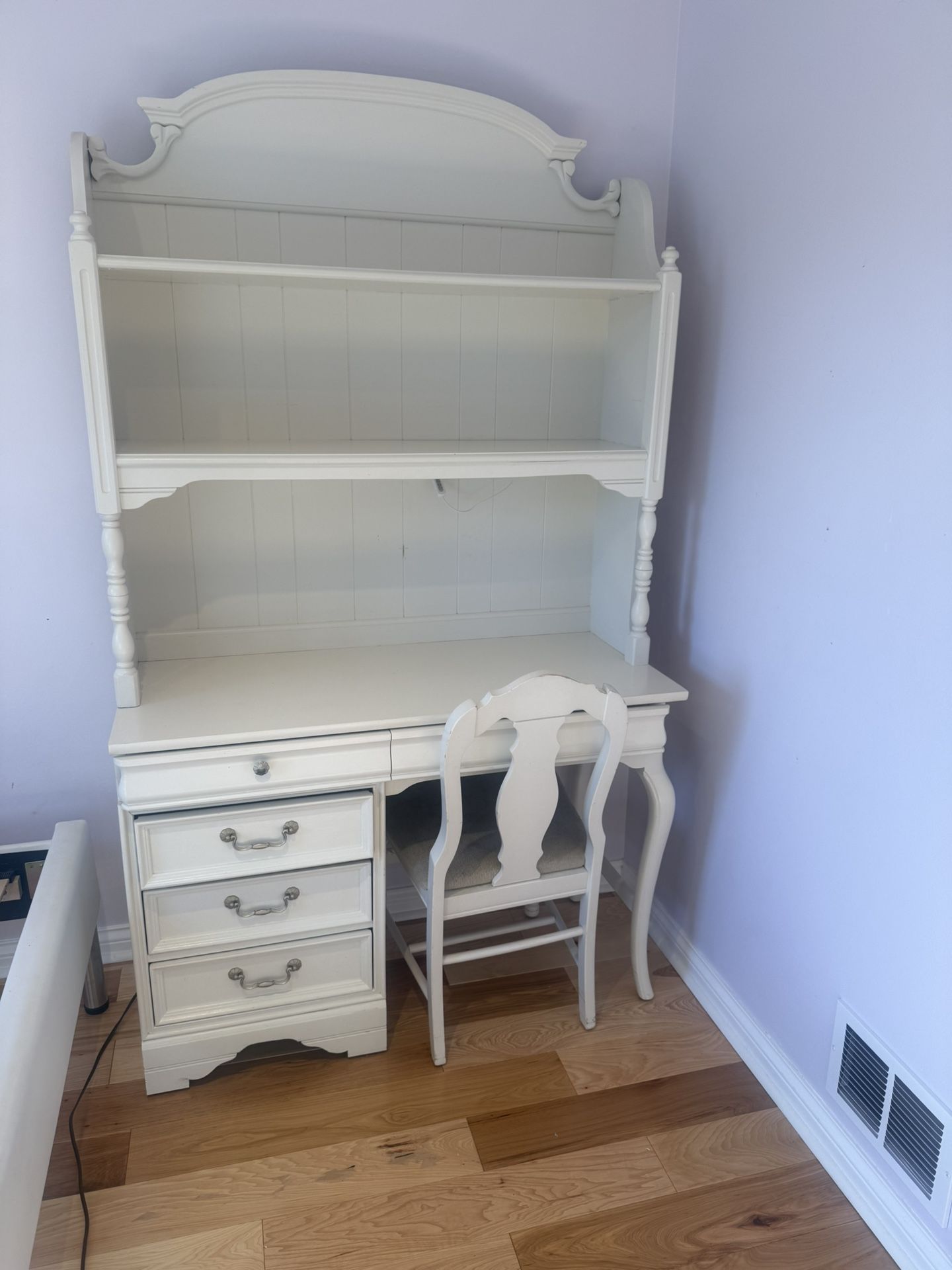 Solid wood white desk with chair, New LED light and hutch