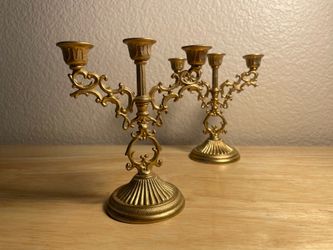 2 Vintage Style Ornate Gold Brass Tone 3 Arm Candelabra Candleholders