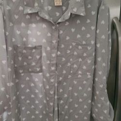 Gray Hearts Button Down Dressy Blouse Top