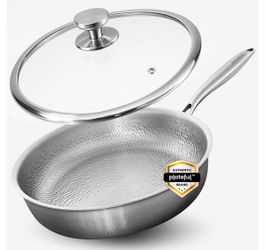 Plateful Titanium Pans For Cooking 12 Inch, No Coating Nonstick, with Lid Pure uncoated titanium frying pan, surface