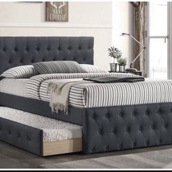 New In Box FULL BED W/TRUNDLE  CHARCOAL BURLAP  And 2 Mattresses.