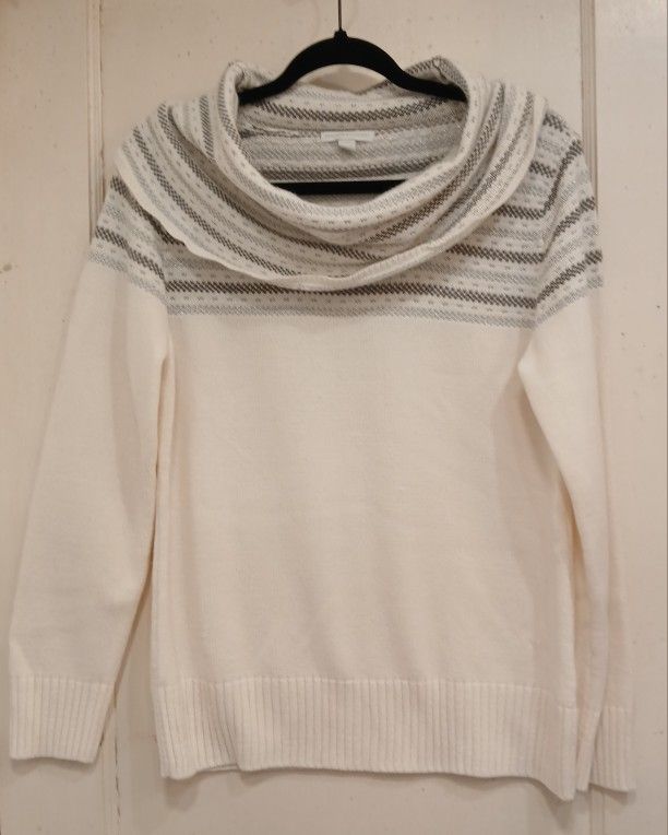 Knit White Sweater Cowl Neck Silver Stripes Large Women's New York & Company