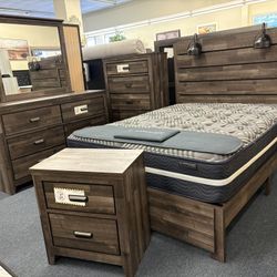 Brown Queen 4pc Bedroom Set W/ Headboard Lamps