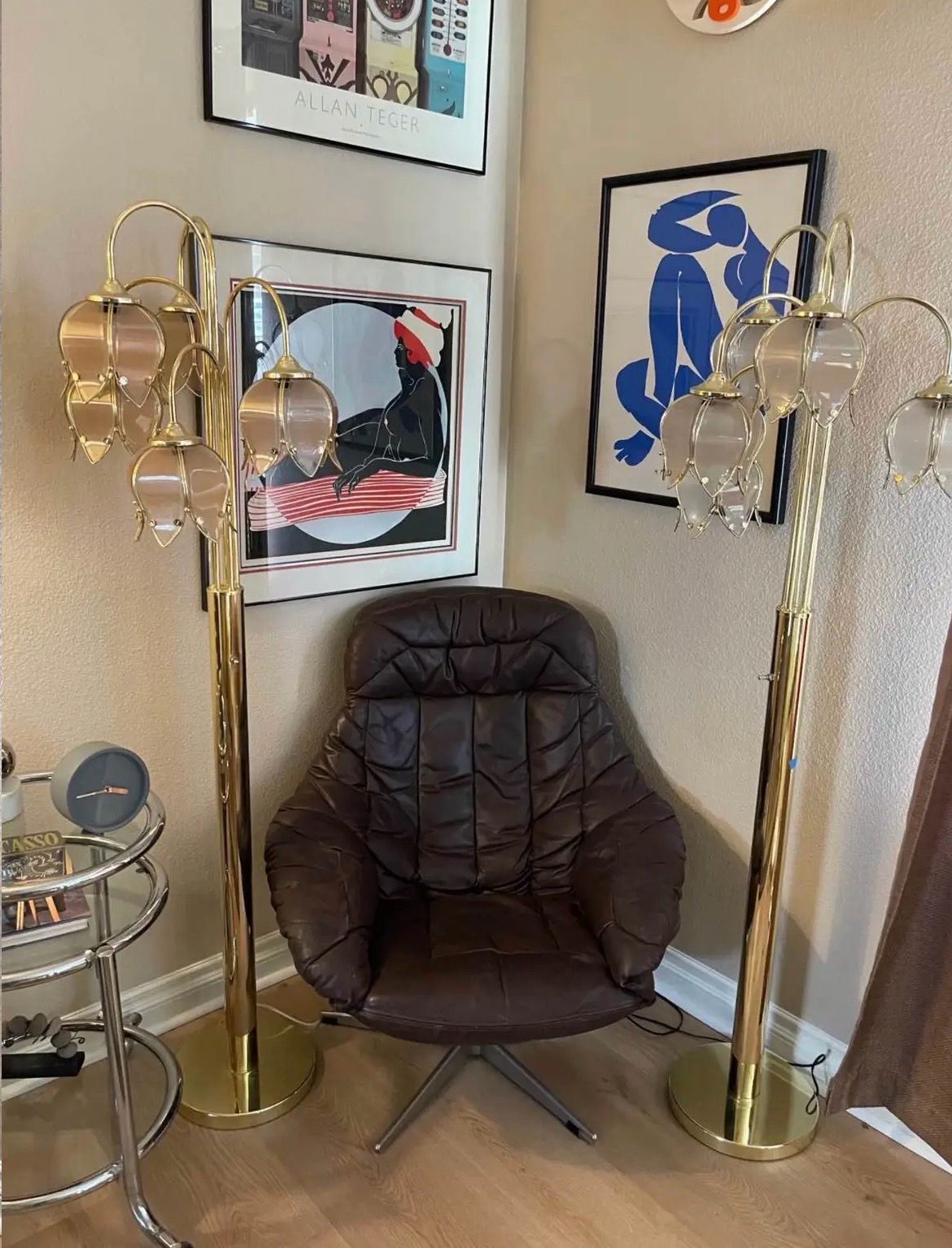 MCM Vintage Postmodern Brass Pink Lotus flower floor lamps