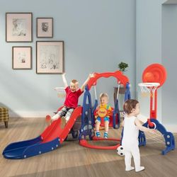 5 in 1 Kids Slide and Swing Set Indoor Outdoor Playground Toddler Playset with Basketball Hoop