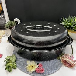 Large Black Enamel Roaster Pan w/ Lid 🍗 Oval Baking & Roasting Pan